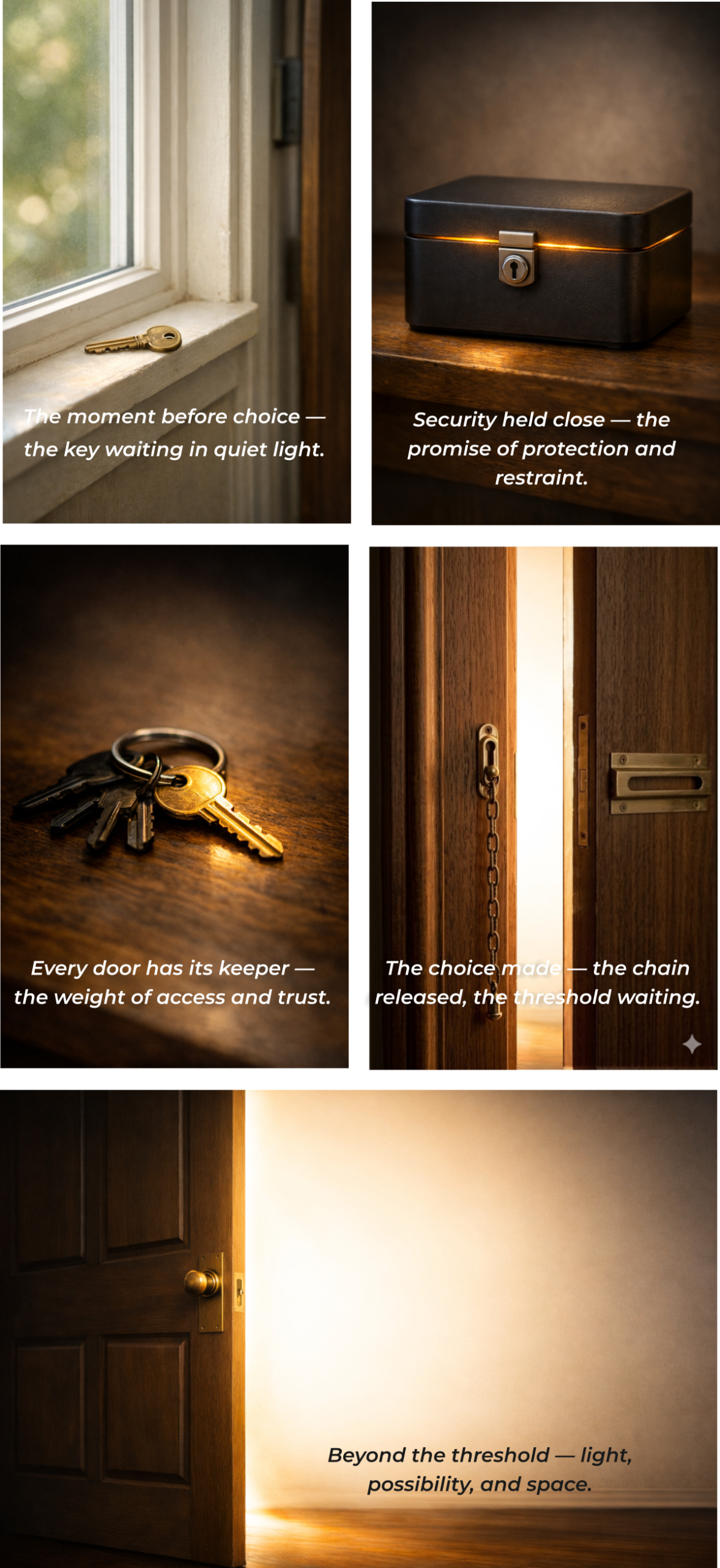 A five image grid showing a key in soft light, a small lockbox, a set of keys on a table, an unlatched door chain with light entering through a narrow gap, and a partially opened door filled with warm, radiant light.