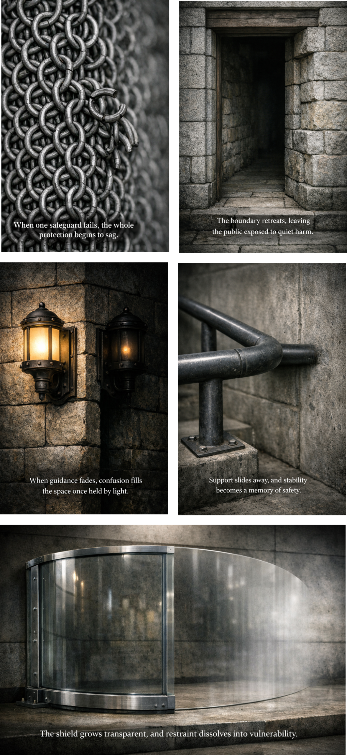 A five panel image grid showing chainmail with a broken link, a stone threshold receding on the right, a wall sconce with one light dimming, a metal handrail withdrawing into a concrete wall, and a curved protective barrier thinning into transparency.