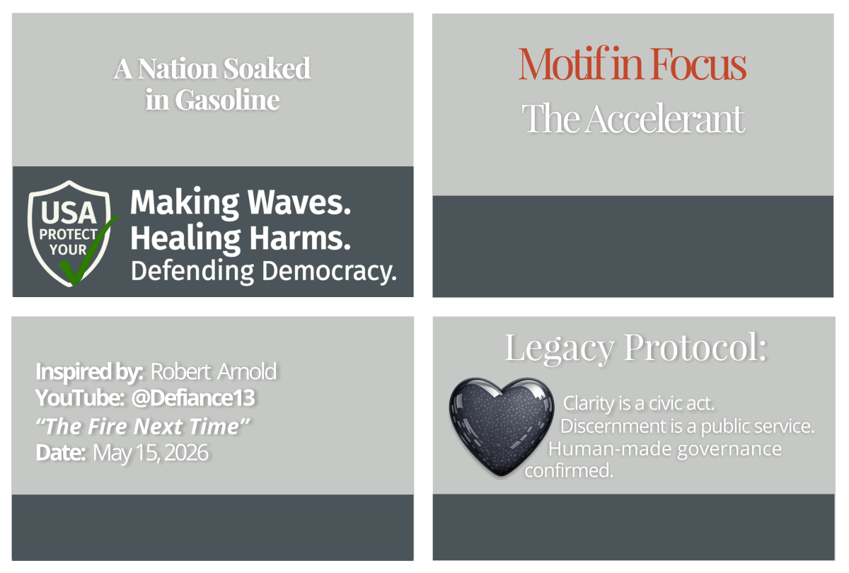 Footer grid containing four quadrants: Civic Page Title, Motif in Focus, Source Attribution, and Legacy Protocol. Decorative image representing The Accelerant.