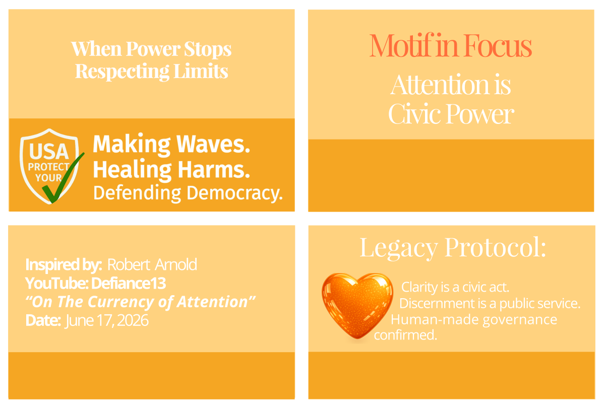 Footer grid containing four quadrants: Civic Page Title, Motif in Focus, Source Attribution, and Legacy Protocol. Decorative image representing The Accelerant.