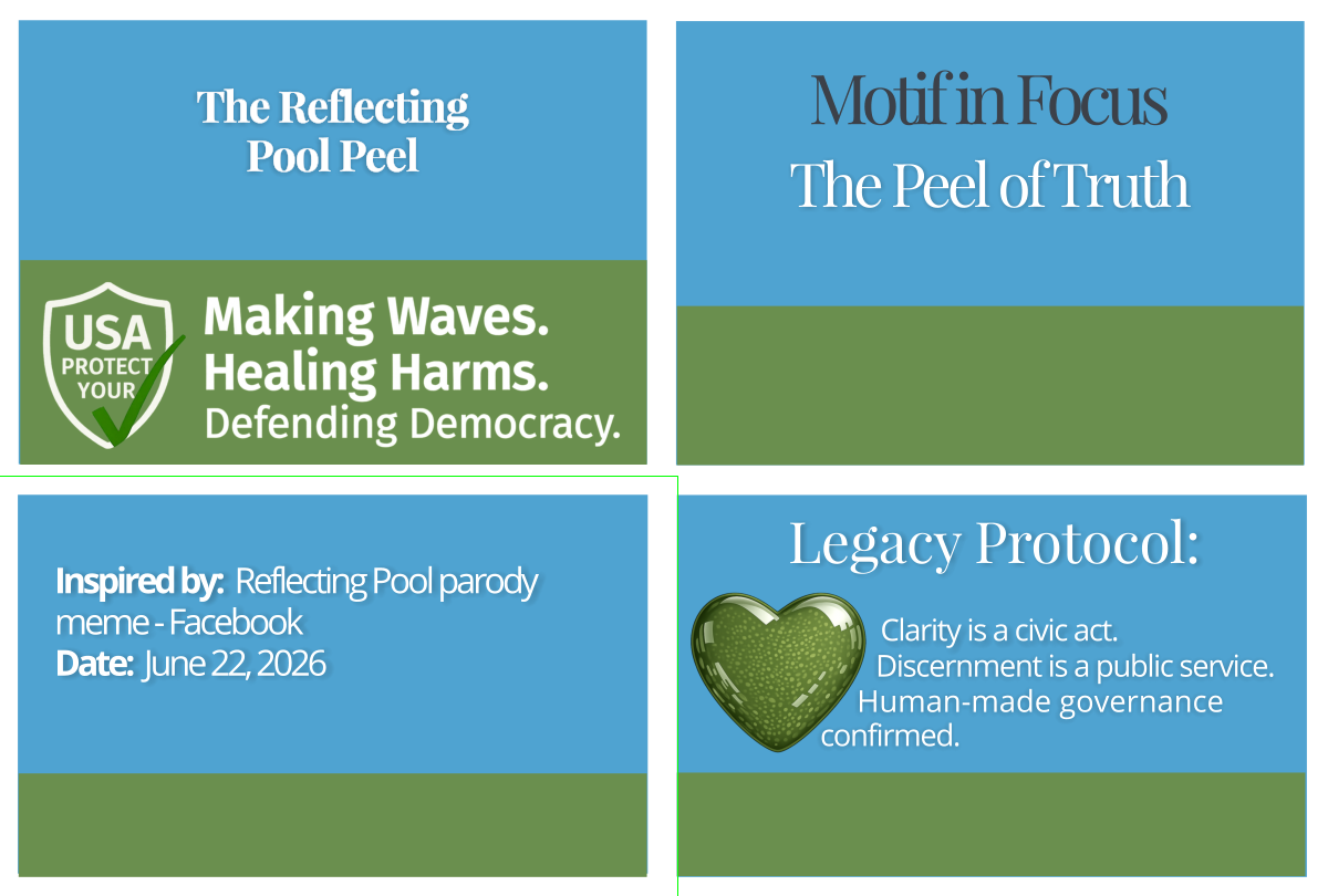Footer grid containing four quadrants: Civic Page Title, Motif in Focus, Source Attribution, and Legacy Protocol. Decorative image representing The Peel of Truth.