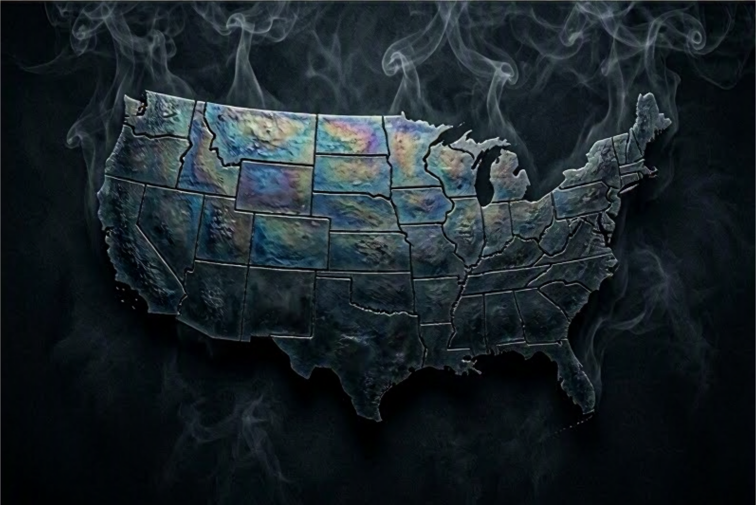 Map of the United States suspended against a black background with an iridescent gasoline sheen and faint smoke rising from its edges.