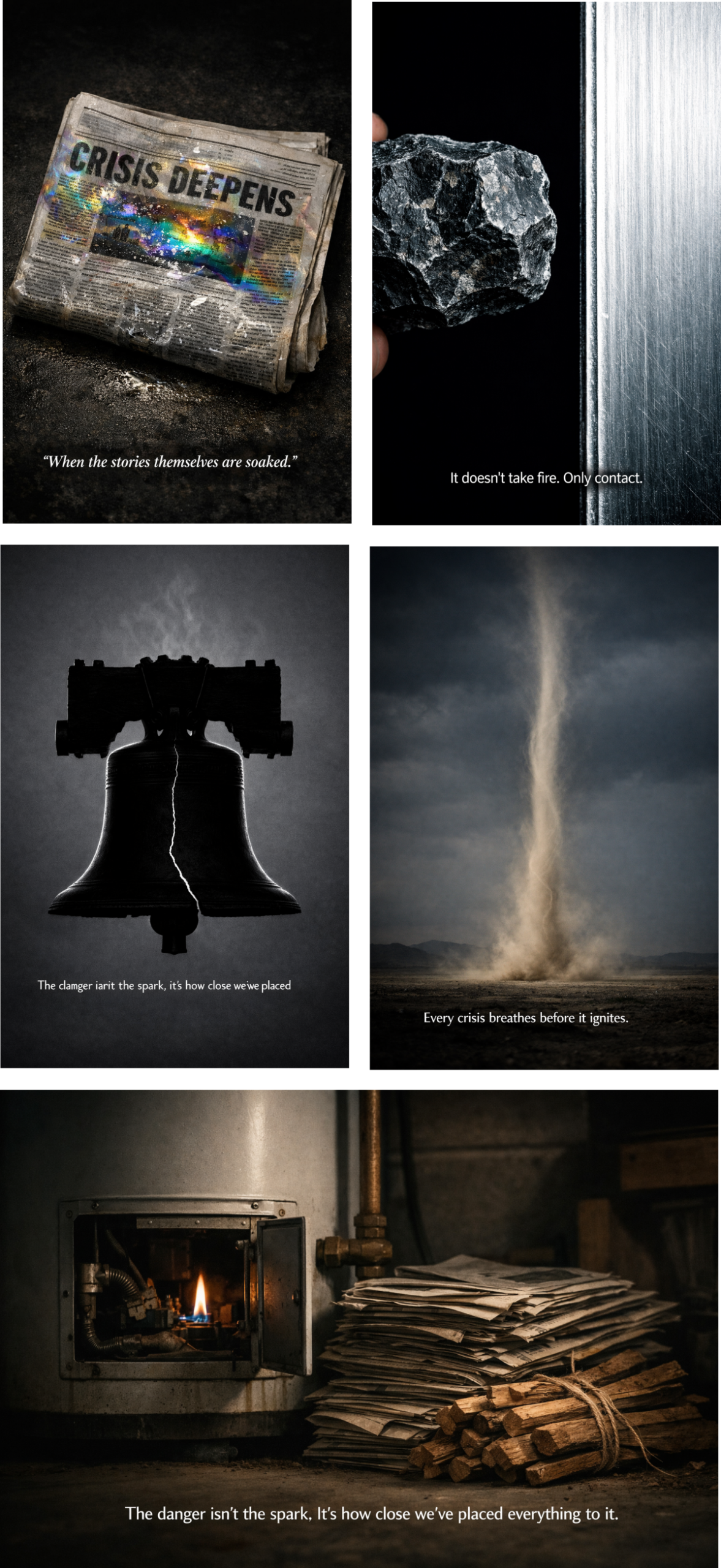 A five panel image grid showing the conditions that allow ignition: a soaked newspaper signaling unstable stories; the Liberty Bell in silhouette with a faint heat haze; a slender dust devil rising in a muted landscape; a hand holding coal close to metal; and a dim garage scene with a water heater’s pilot light beside stacked newspapers and kindling. The sequence illustrates how crises form from accumulated conditions, not a single spark.