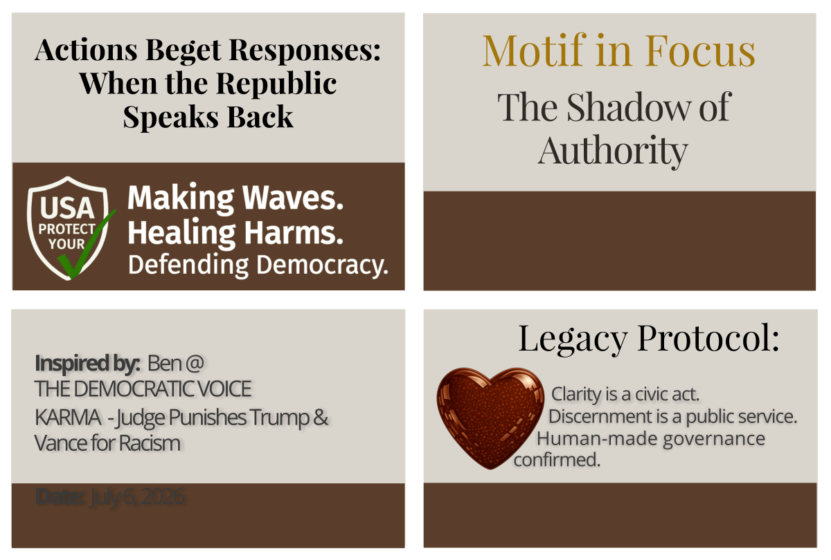 Footer grid containing four quadrants: Civic Page Title, Motif in Focus, Source Attribution, and Legacy Protocol. Decorative image representing The Shadow of Authority.