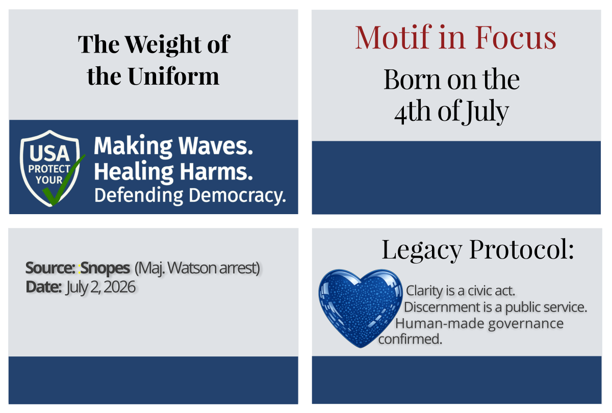 Footer grid containing four quadrants: Civic Page Title, Motif in Focus, Source Attribution, and Legacy Protocol. Decorative image representing Born on the 4th of July.