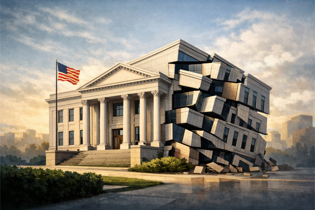 A civic building with a clean, undistorted front façade and a mirrored side façade that reflects the building in warped, funhouse style distortion. The sky above is clear and stable, emphasizing that only the institution—not the world around it—is distorted.