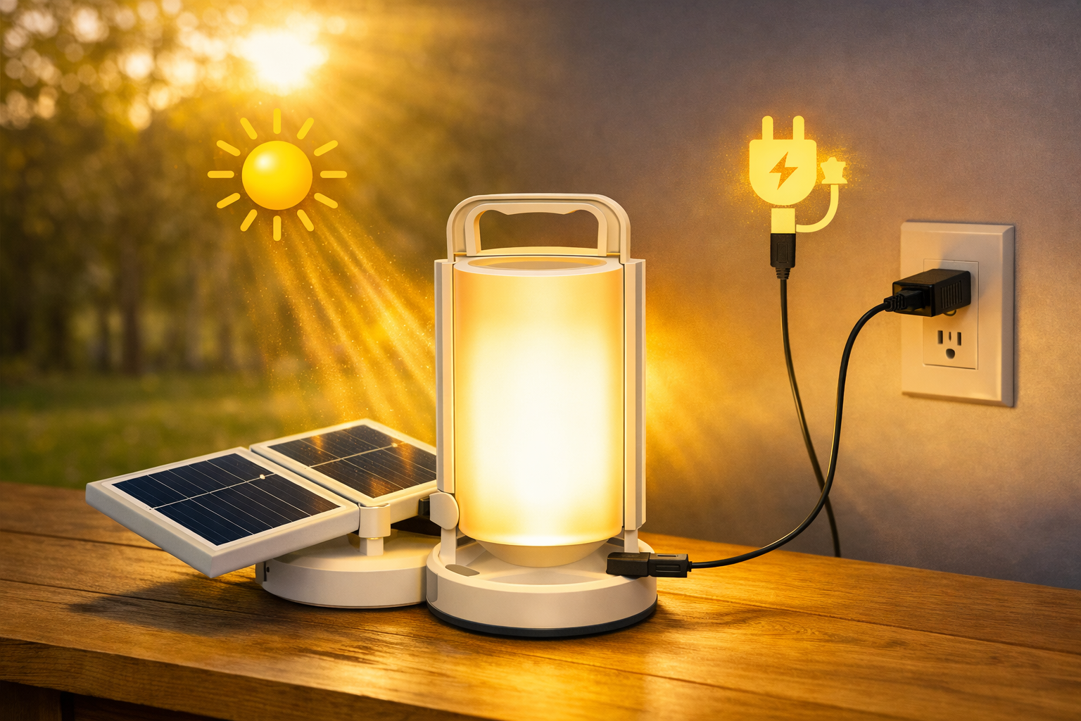 A solar powered lamp glows warmly beside two small solar panels and a wall outlet, illustrating the moment energy is gathered and converted into usable light.