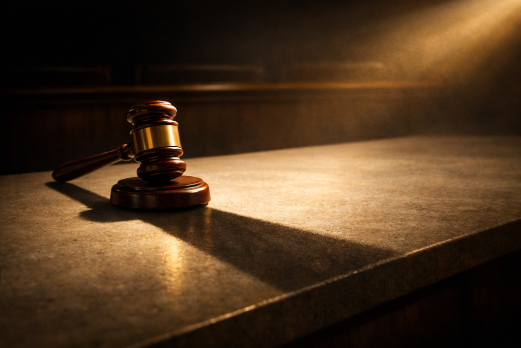 A judicial gavel stands upright on a courtroom bench, illuminated by warm directional light that casts a long shadow toward the viewer. The image symbolizes authority and accountability in a constitutional republic, where every act of power leaves a visible consequence for the law to examine.