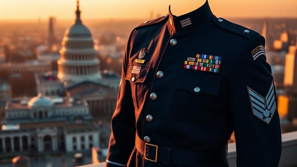 A formal military dress jacket displayed on an invisible mannequin outdoors at sunset, with the United States Capitol glowing warmly in the background. The jacket’s medals, ribbons, and insignia symbolize duty, restraint, and service under the Republic. The scene conveys constitutional fidelity and the moral weight of serving the nation’s democratic institutions.