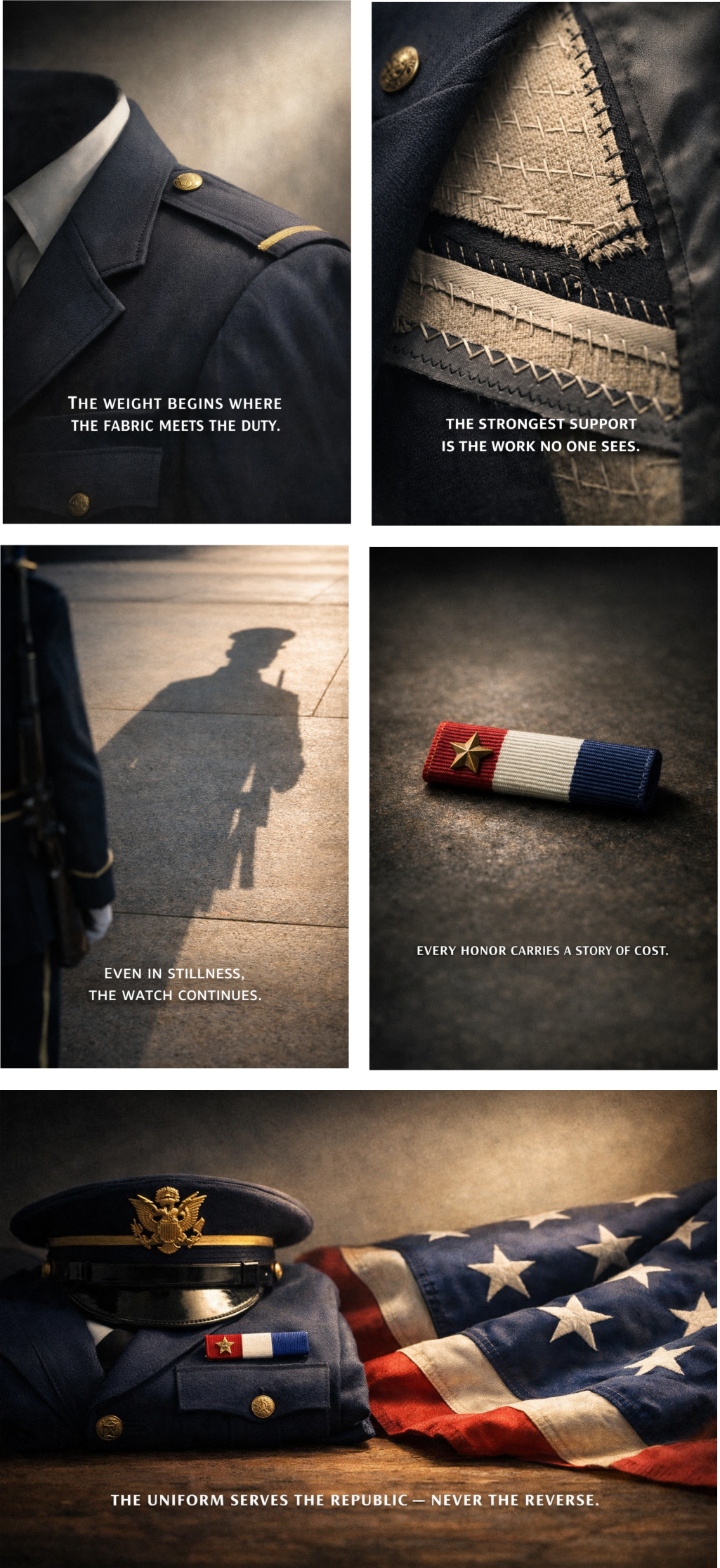 Five‑panel civic sequence showing the different facets of duty revealed through the uniform: the first surface, the underlayer, the stillness that reflects vigilance, the earned honor, and finally the full pattern of service.