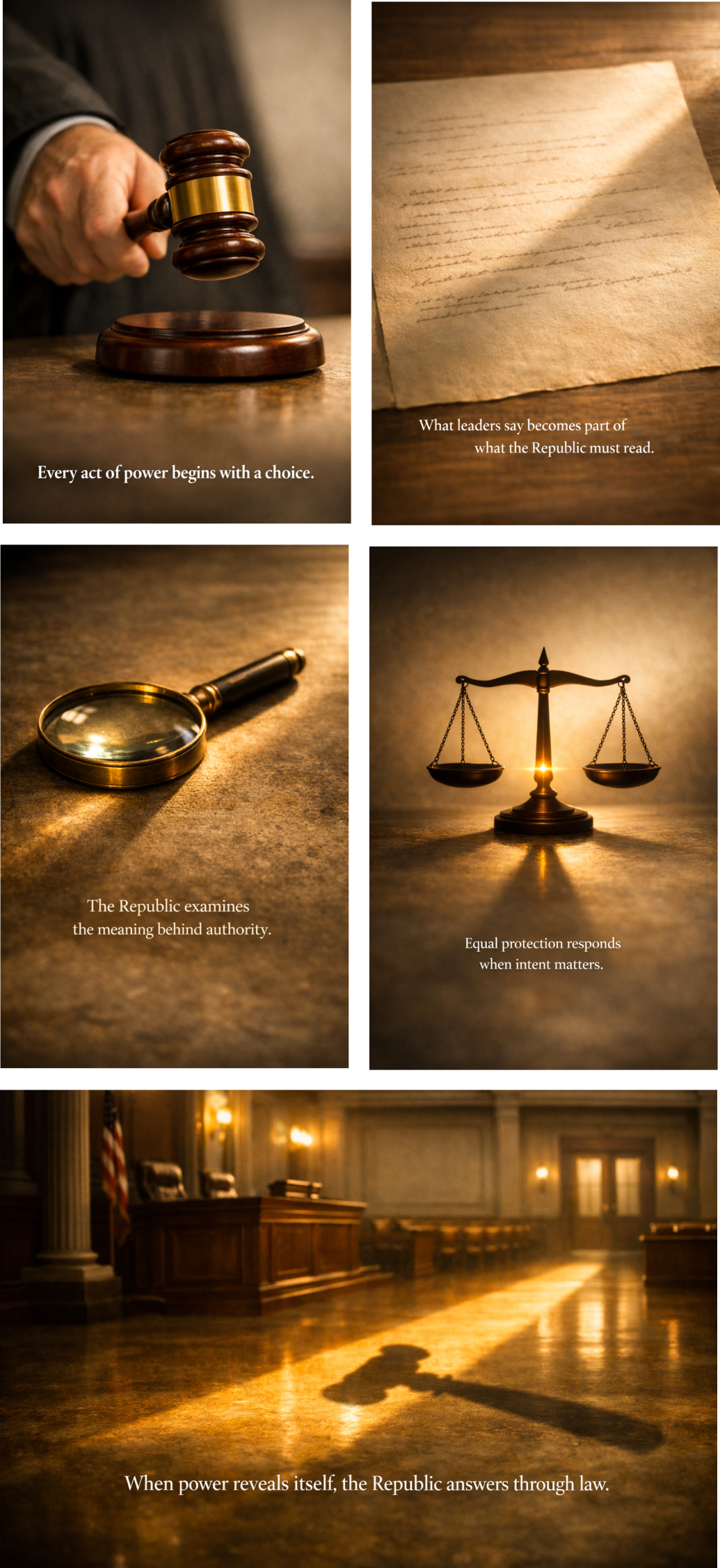 A five panel civic sequence showing a gavel’s choice, a leader’s words on parchment, the Republic examining intent, equal protection weighing justice, and a courtroom where the Republic answers through law.