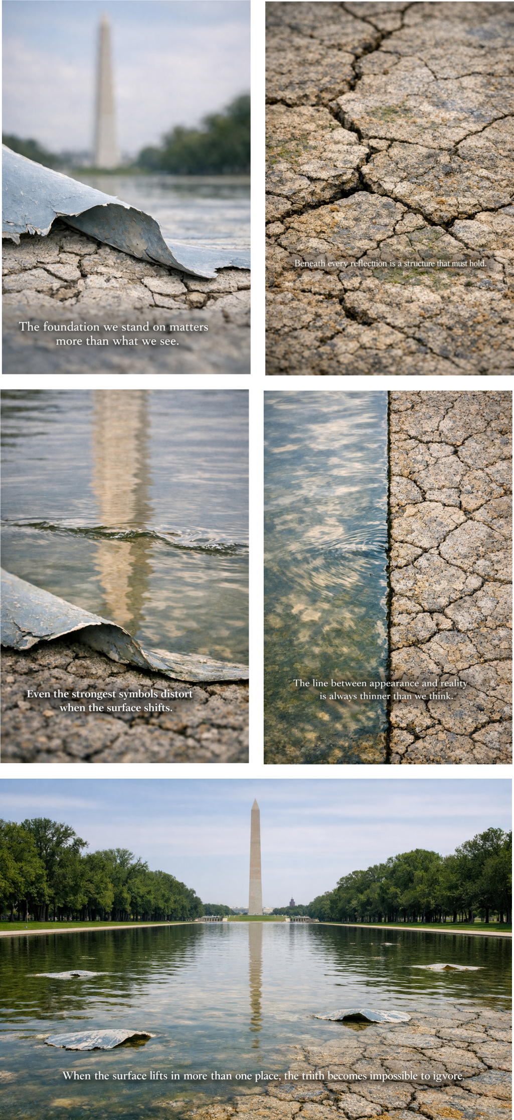 Five panel civic sequence showing the different facets of the surface failures that reveal truths: the first reveal, then the underlayer, the distorted reflection, the seam, and finally the full pattern emerges.