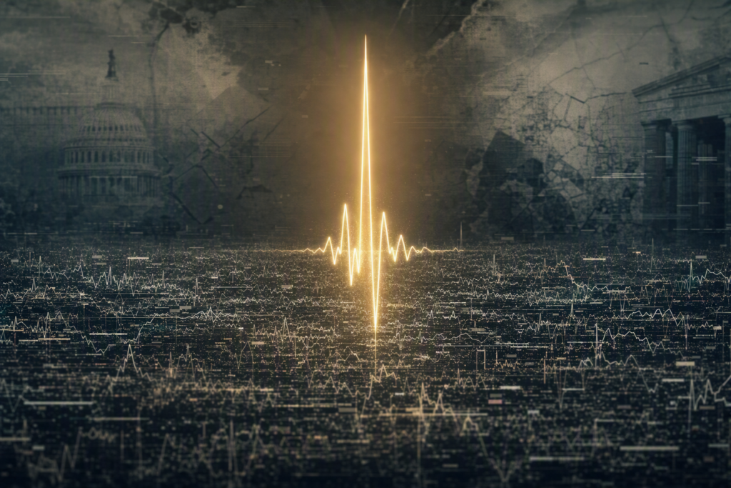 A glowing golden waveform rises sharply at the center of the image, standing out against a fractured, textured background filled with faint static and scattered data lines. Subtle outlines of civic architecture appear in the distance, while the surrounding noise fades beneath the clarity of the bright, ascending signal.