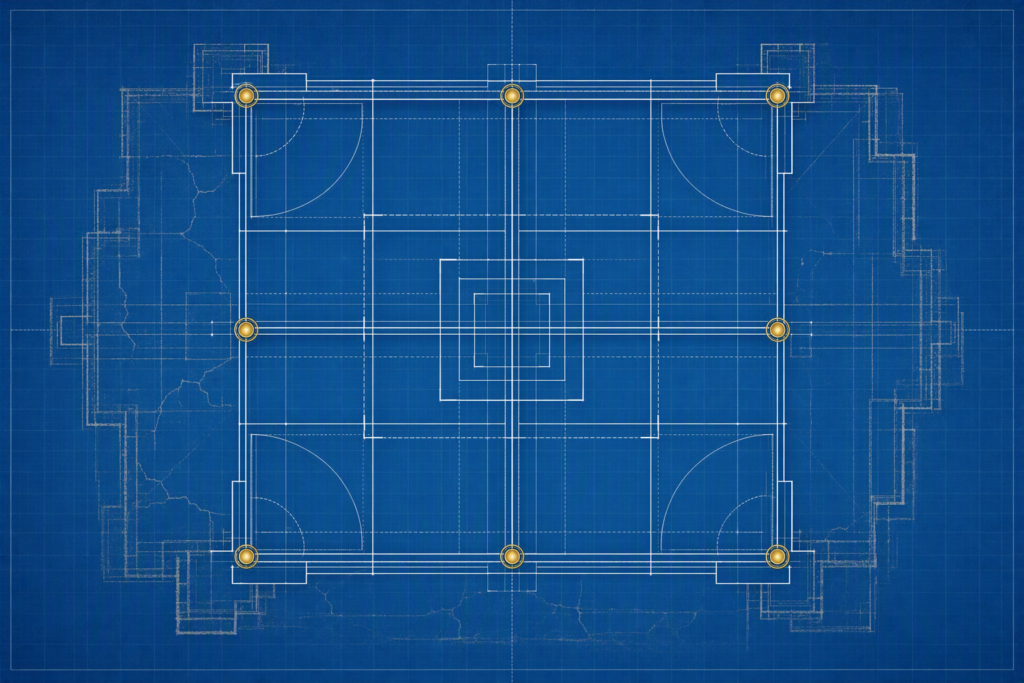 A conceptual two layer architectural blueprint in Blueprint Blue. The bottom layer is faded, cracked, and slightly misaligned, representing an outdated civic structure. The top layer is crisp, modern, and perfectly aligned, with seven subtle gold nodes marking reinforced points of integrity. The design is technical, neutral, and symbolic, showing the contrast between inherited foundations and a newly strengthened civic framework.