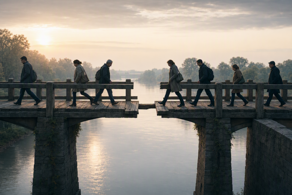 A group of people walk across a weathered wooden bridge at sunrise, stepping around a missing plank in the center while a calm river flows below. The scene is serene yet subtly unsettled, highlighting the gap as a symbol of a problem leaders refuse to acknowledge.