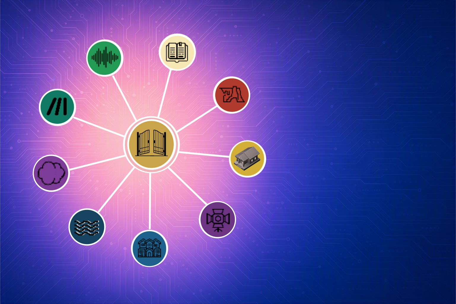 A circular HERO emblem featuring the Paper Gate icon at the center, surrounded by nine evenly spaced Dictionary Motif icons arranged like a clock face. The icons represent Story, Canyon, Porch, Spotlight, Neighbor, Ripple, Fog, Tilt, and Echo, each connected to the center by thin radial lines. The background is a blue purple gradient with subtle circuit patterns, giving the image a modern, digital civic aesthetic.
