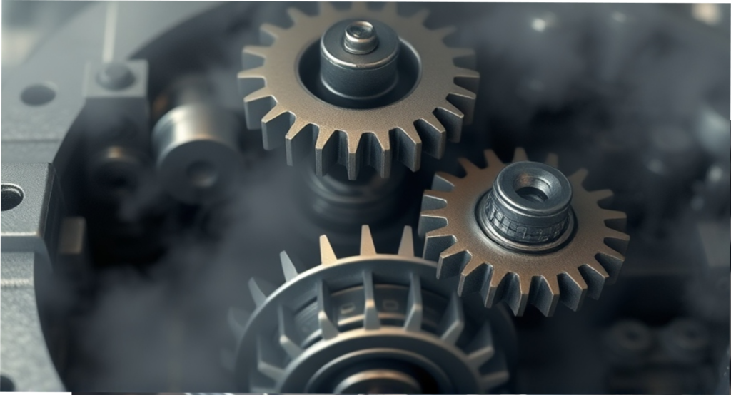 Close-up of three connected metal gears turning slowly inside a larger machinery system, with soft fog surrounding the gears but keeping all details clearly visible.