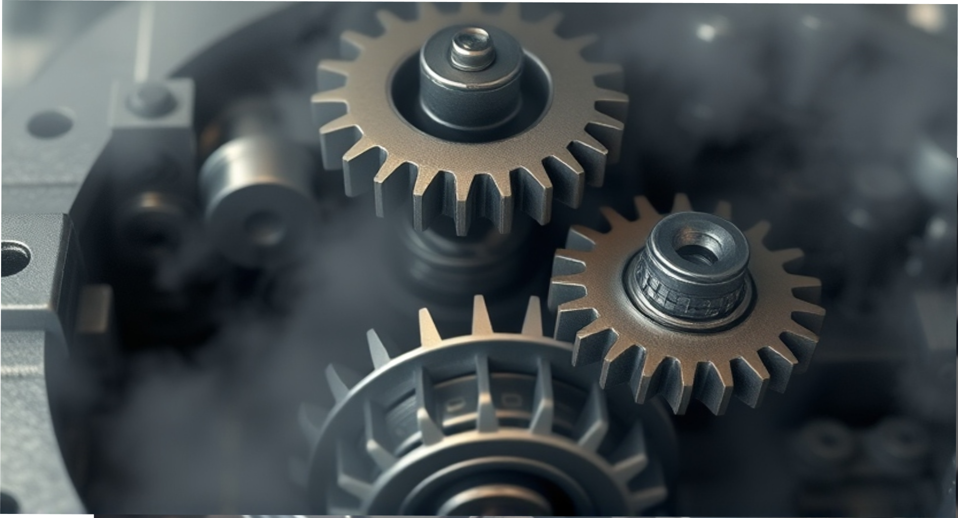 Close-up of three connected metal gears turning slowly inside a larger machinery system, with soft fog surrounding the gears but keeping all details clearly visible.