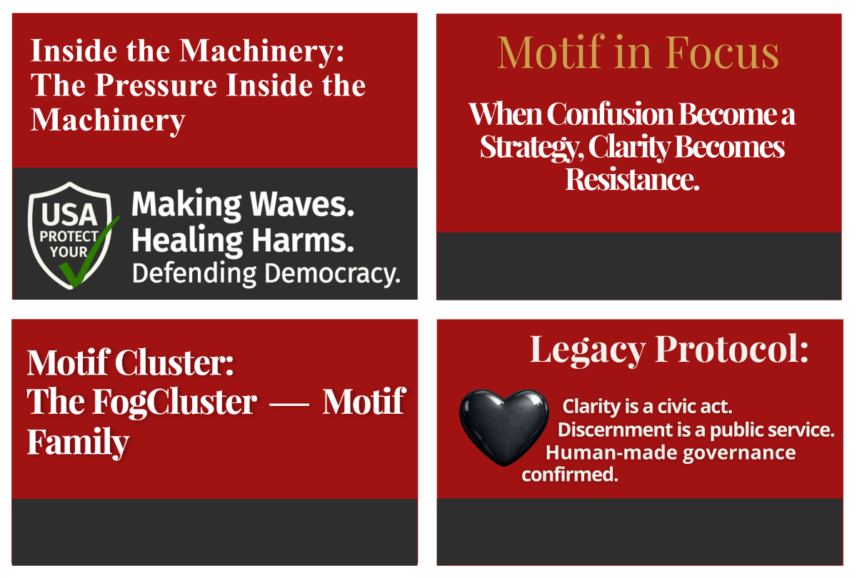 Footer grid containing four quadrants: Civic Page Title, Motif in Focus, Source Attribution, and Legacy Protocol. Decorative image representing When Confusion Becomes a Strategy, Clarity Becomes Resistance.
