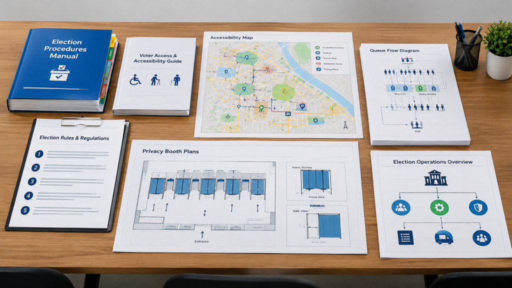 A pre election planning workspace showing procedural documents, a marked checklist with “Access Conditions,” and a glowing blueprint schematic of a polling place. The scene highlights the structural and administrative decisions that shape voting access long before Election Day.
