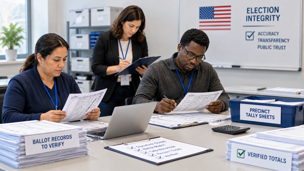 Election officials review ballots, tally sheets, and verification records inside a county election office, surrounded by labeled stacks of documents and an Election Integrity board emphasizing accuracy, transparency, and public trust.