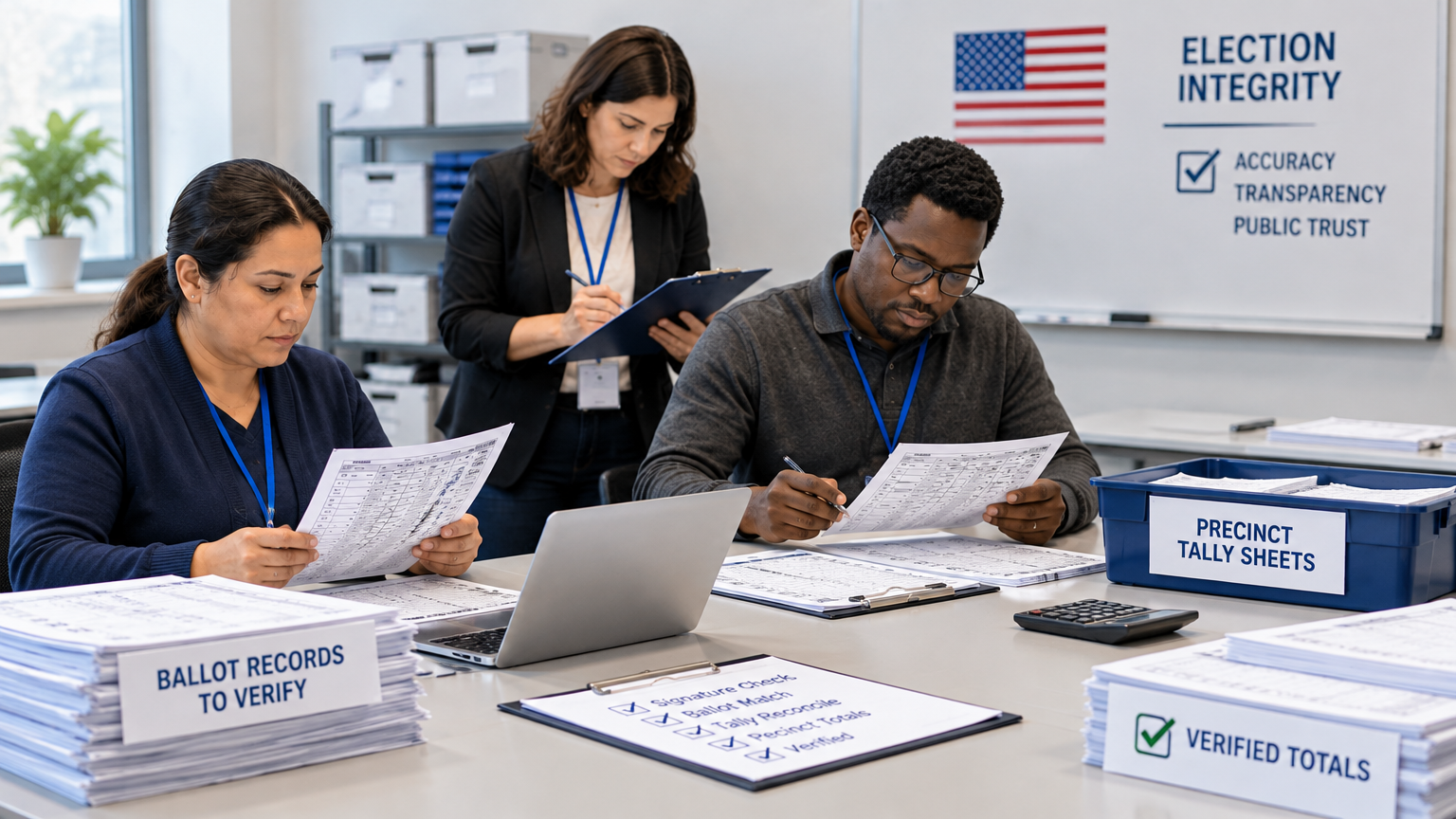 Election officials review ballots, tally sheets, and verification records inside a county election office, surrounded by labeled stacks of documents and an Election Integrity board emphasizing accuracy, transparency, and public trust.