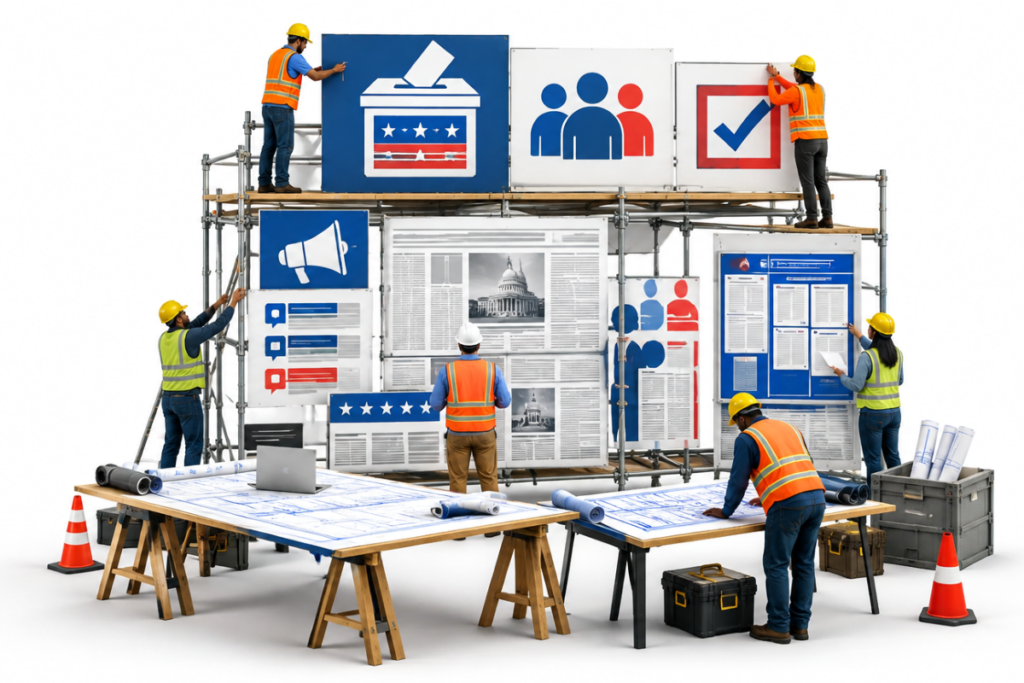 A large scaffolding structure being assembled by construction workers, with panels showing symbols of voting, democracy, and civic processes, alongside blueprints and tools suggesting the building of election systems.