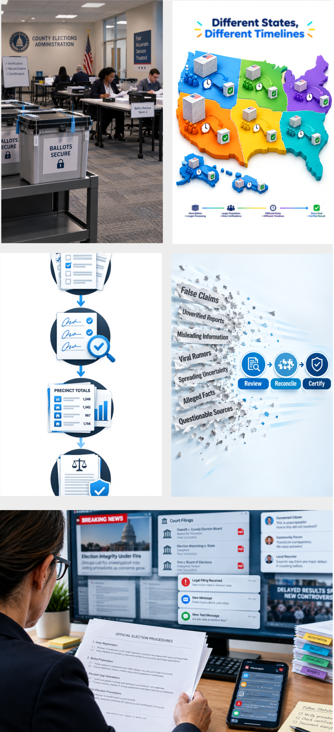 A five image grid illustrating Election Integrity: From Verification to Certification The grid shows how election offices verify ballots, manage timelines, filter misinformation, and follow statutory procedures to certify accurate results.