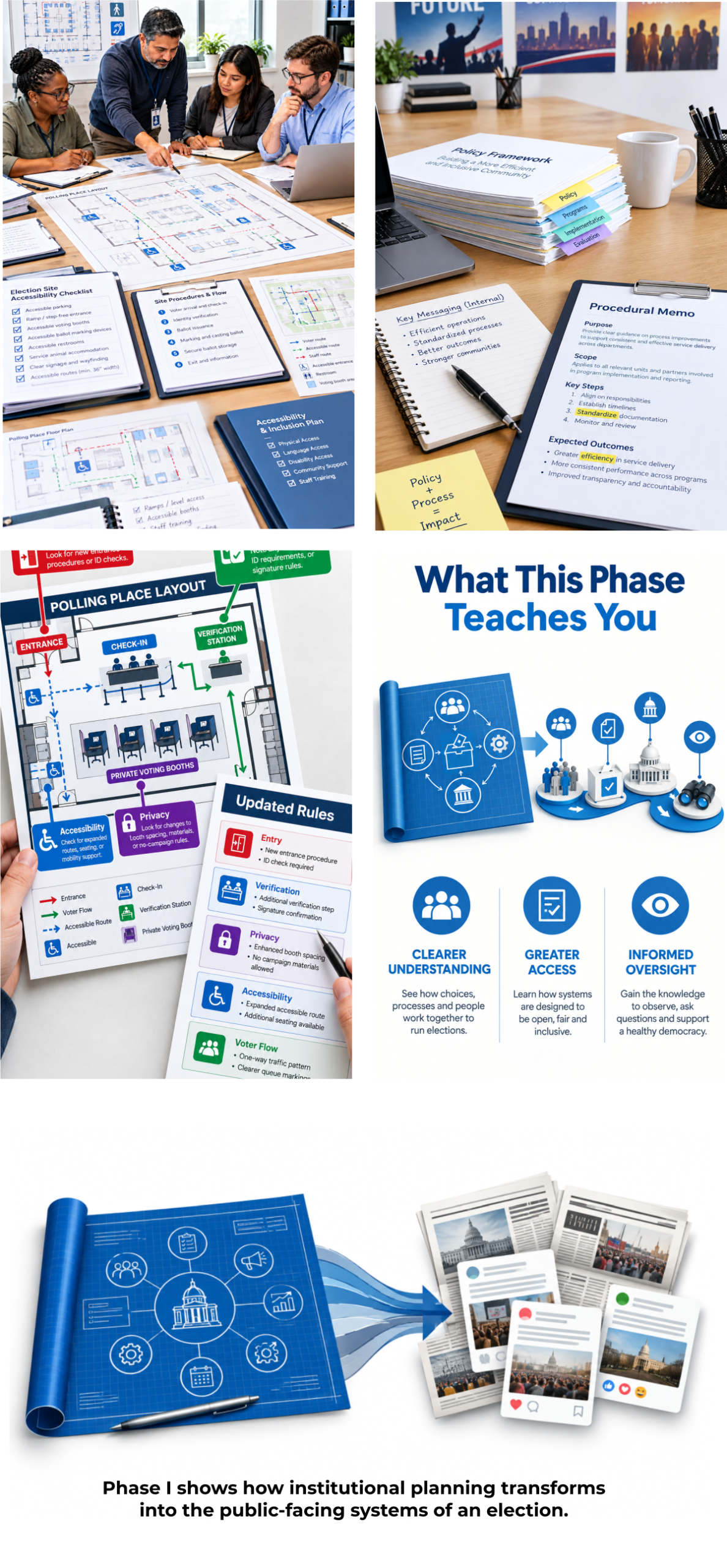 A 5 panel image grid depicting the core elements of Phase I: election accessibility planning, policy framework development, polling place layout and updated rules, key learning outcomes, and a final blueprint showing how institutional planning flows into public facing election systems. The panels include diagrams, checklists, procedural documents, accessibility plans, learning icons, and a conceptual illustration of planning transforming into media and public communication.