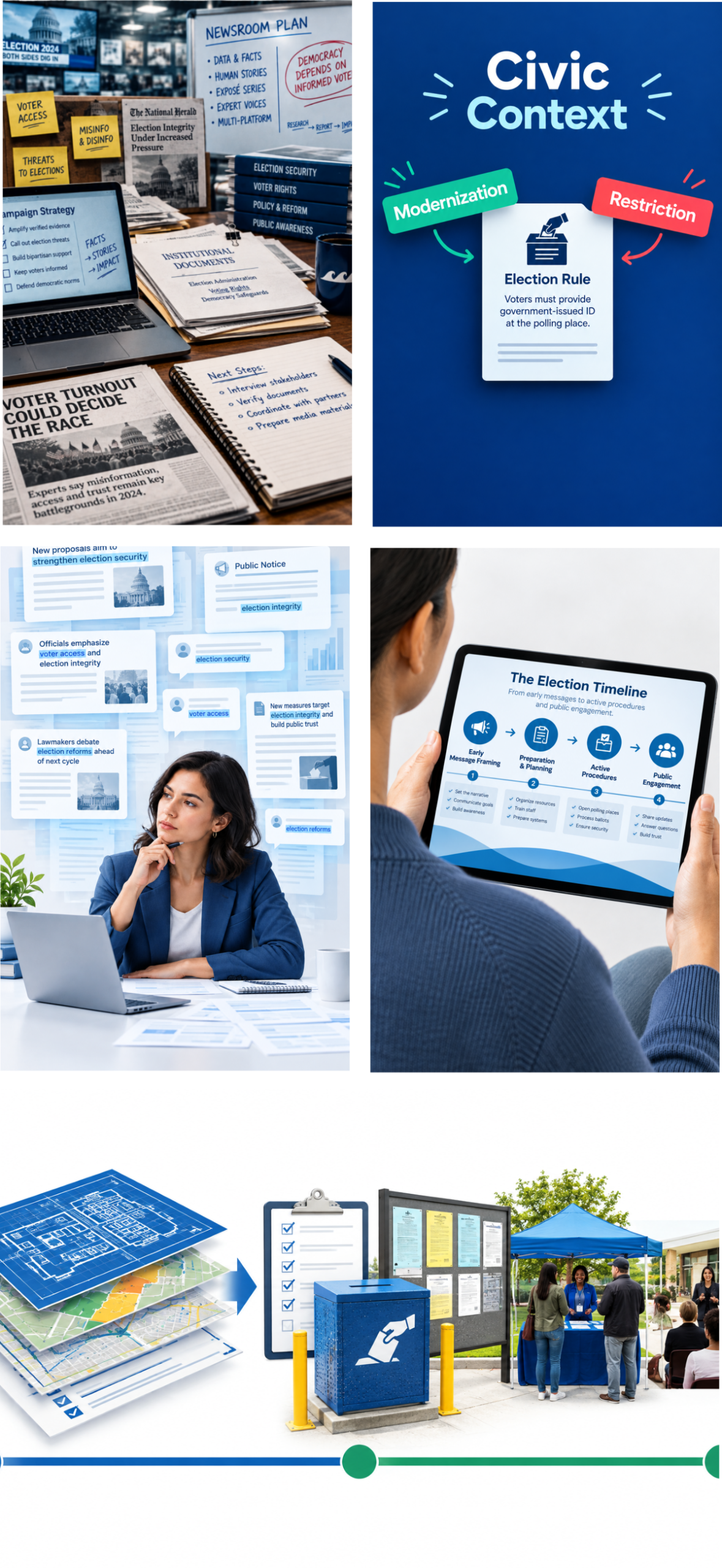 A 5-panel image grid depicting the core elements of Phase 2, including newsroom planning materials about election coverage, a civic context card showing contrasting interpretations of a voter ID rule, a laptop workspace surrounded by election related headlines, a tablet displaying an election timeline, and a sequence of blueprints and maps leading to a ballot drop box and public information booth.